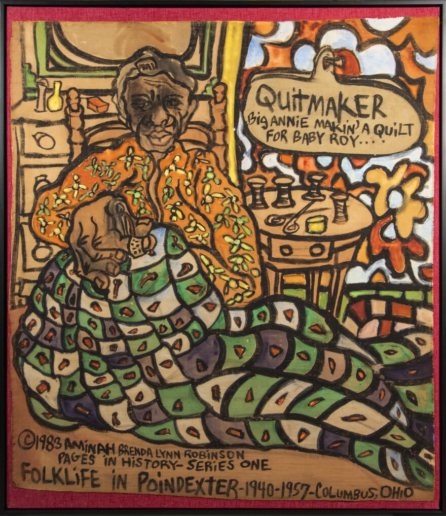 <em>Big Annie Makin' a Quilt for Baby Roy,</em>1983. (Cloth painting, 42 x 37 ½ in.)