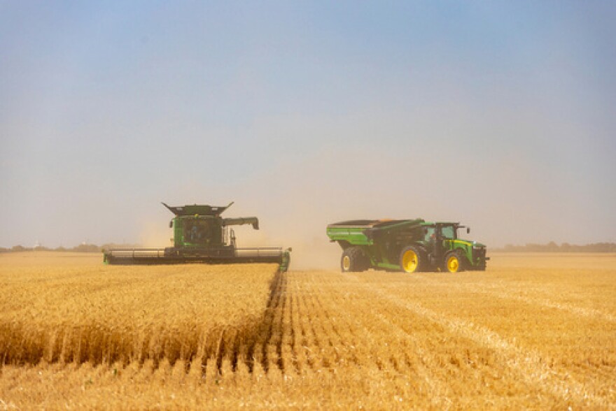 A combine cuts wheat in northwest Oklahoma.