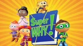 The cartoon characters from Super Why are standing next to a book. 