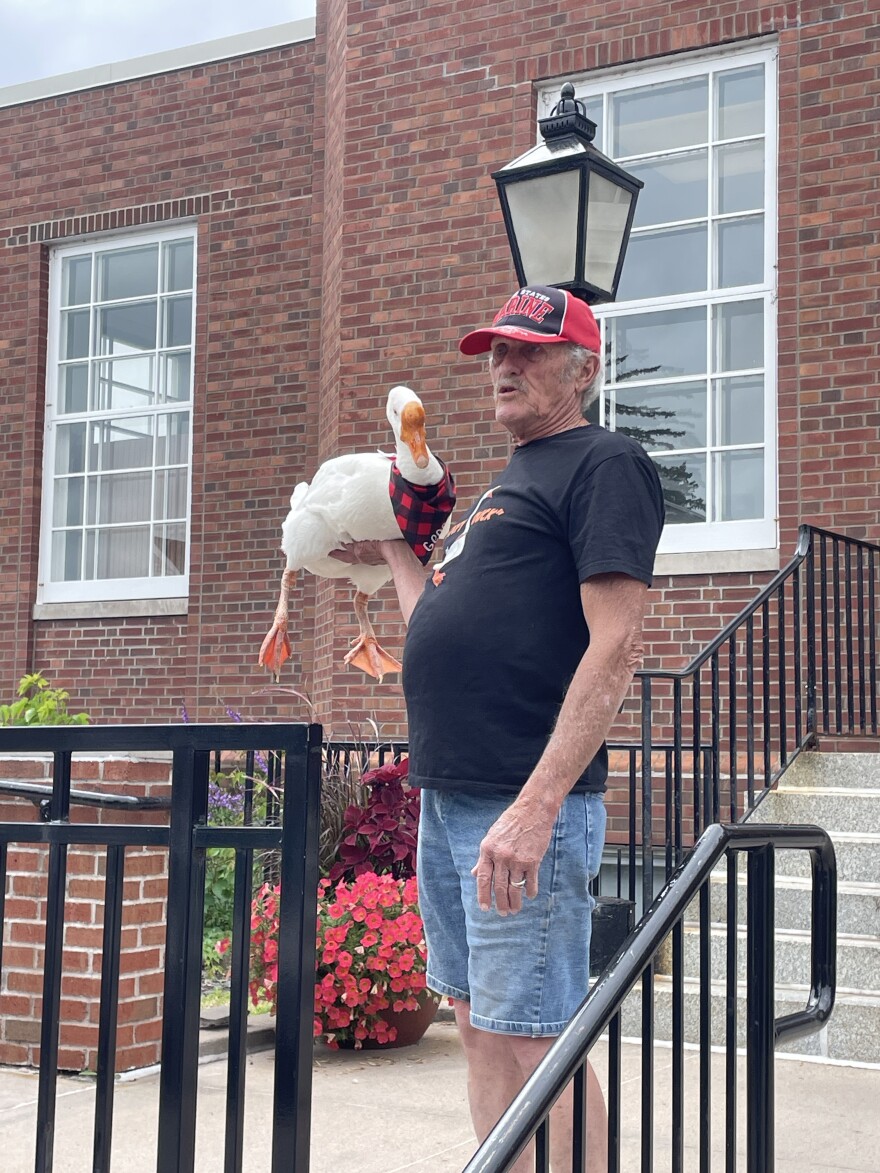 George the Goose (left) with his owner, Bob, in downtown Hayward during the 2025 Lumberjack World Championships.