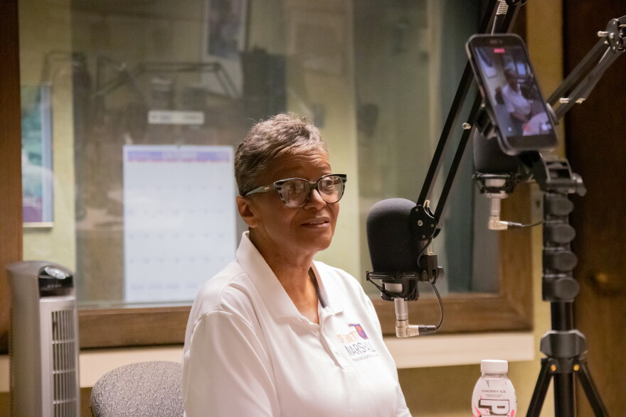 Democratic candidate for state superintendent, Jennettie Marshall, speaks with StateImpact reporter Beth Wallis at Public Radio Tulsa.