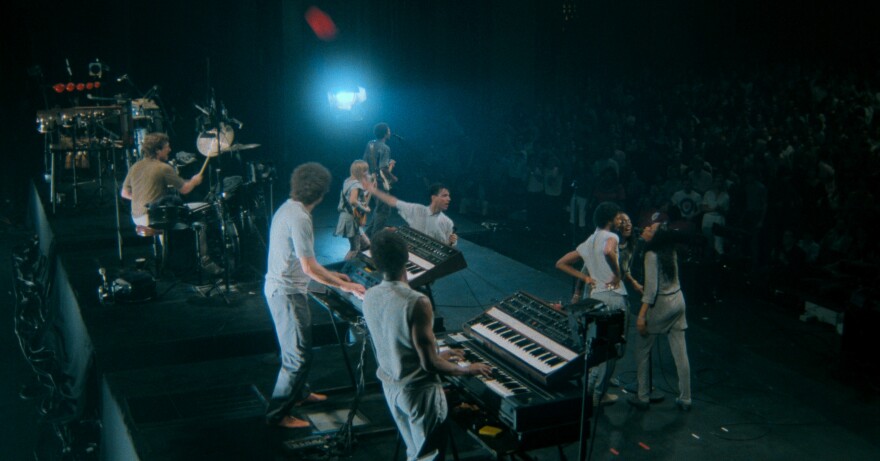 Talking Heads and their expanded live band onstage in "Stop Making Sense."