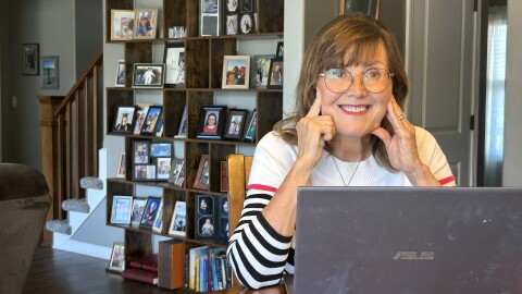 Smeltzer-Lowe in writing mode, contemplating Marigold and the Misfits' next adventure