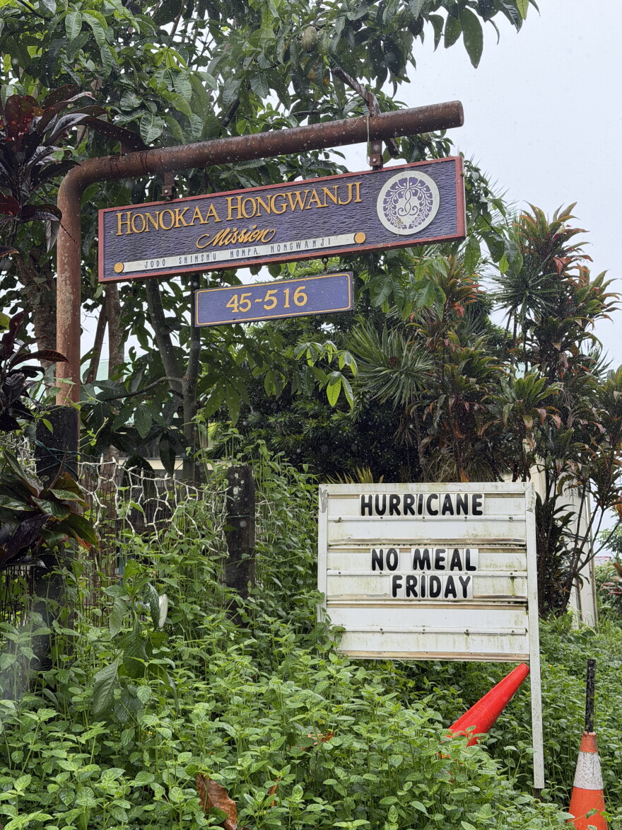 The Honokaʻa Hongwanji Mission Buddhist Temple, located on Lehua St. in Honokaʻa closed its meal service due to the approach of Hurricane Nolo. The sign was still up on Saturday, Sept. 26, 2026.