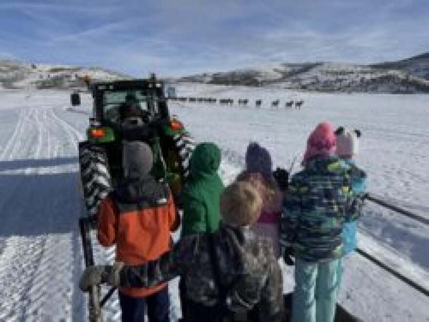 Elementary school students riding out to feed the elk at Hardware Ranch