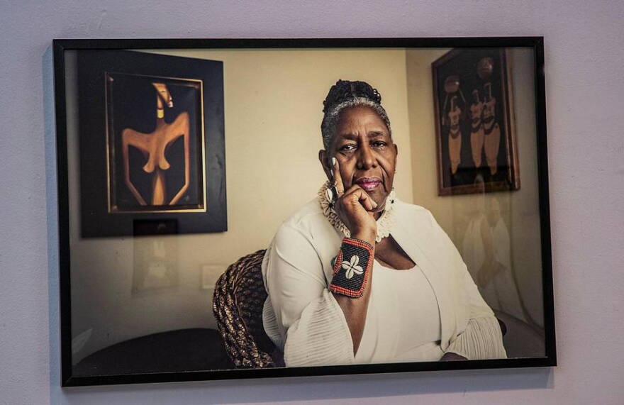 Portrait of Naomi Ruth Cobb by artist Vanessa Charlot, part of the exhibit “Give Them Their Flowers:” An Exhibit of Black Lgbtq+ Miami History.“ 
