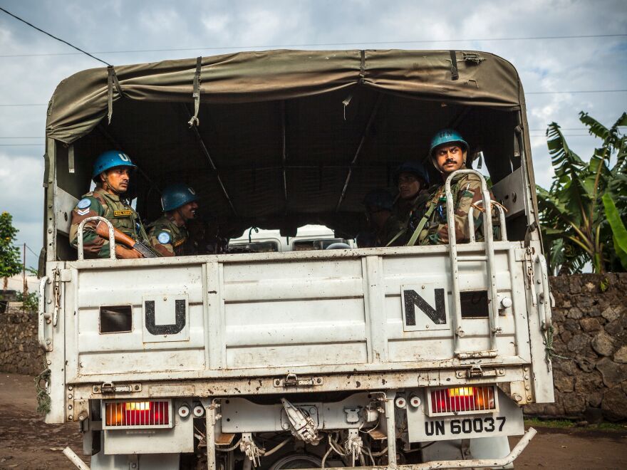 Blue Helmet peacekeepers are seen in the Democratic Republic of the Congo in 2016. According to a U.N. report, 56 U.N. peacekeepers died in 2017, the highest number of deaths since 1994.