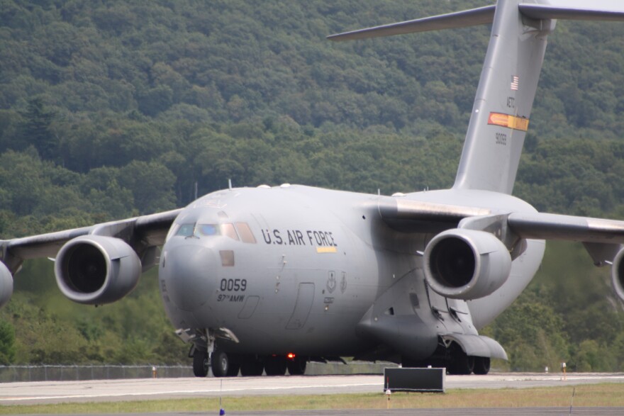 A plane sits on a runway at the 2010 Westfield International Air Show held at Barnes Air National Guard Base in Westfield, Massachusetts.