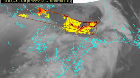 Satellite image shows volcanic ash from Mt. Shiveluch volcano being blown by high-altitude winds over Alaska and on into the Yukon Territory.