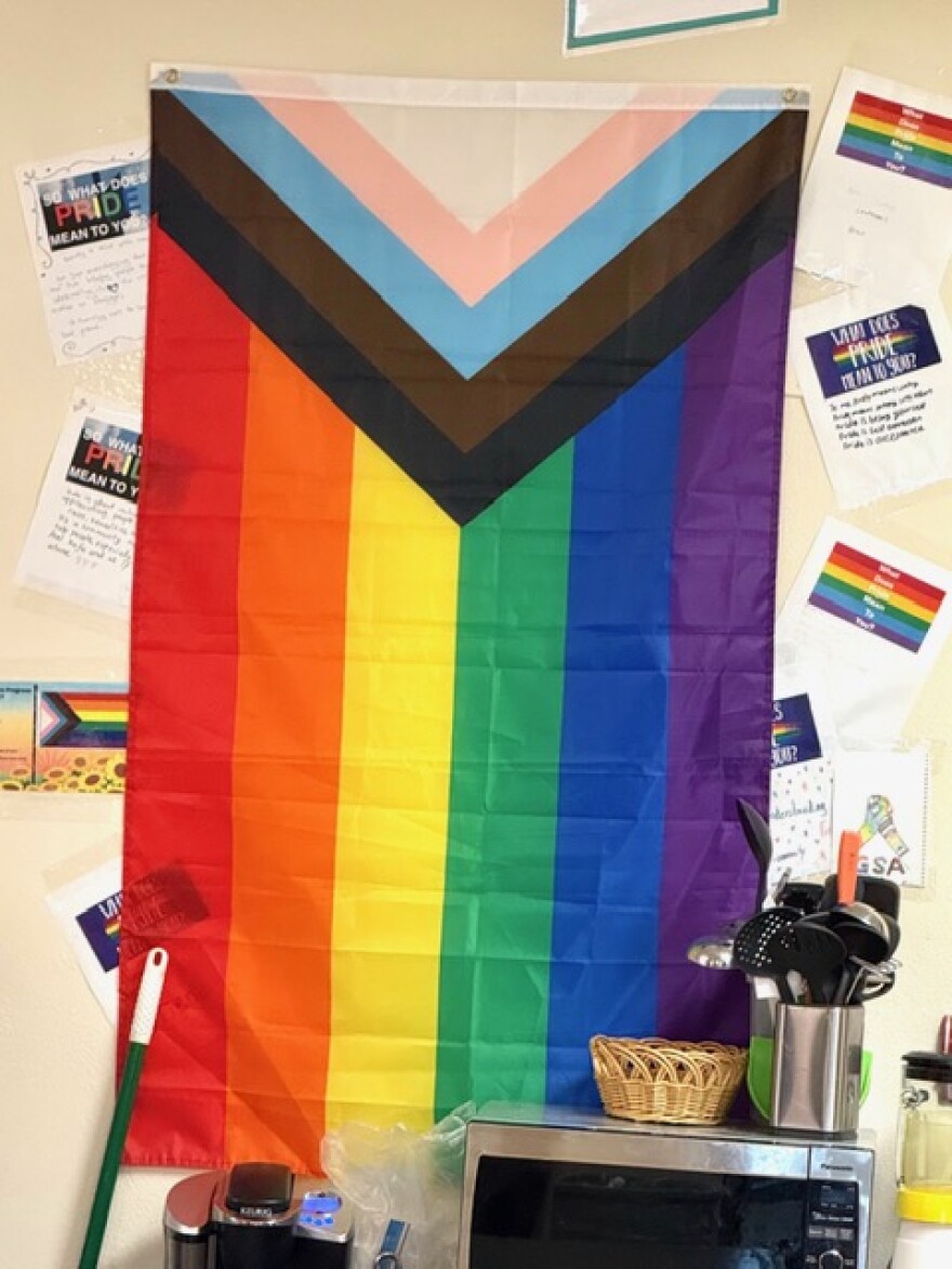 A Pride flag displayed in a classroom at Homer High School