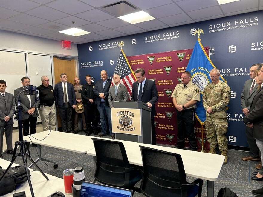 Gov. Larry Rhoden speaks at a press conference in Sioux Falls on July 28, 2025, announcing Operation Prairie Thunder, an initiative to reduce crime in the state.