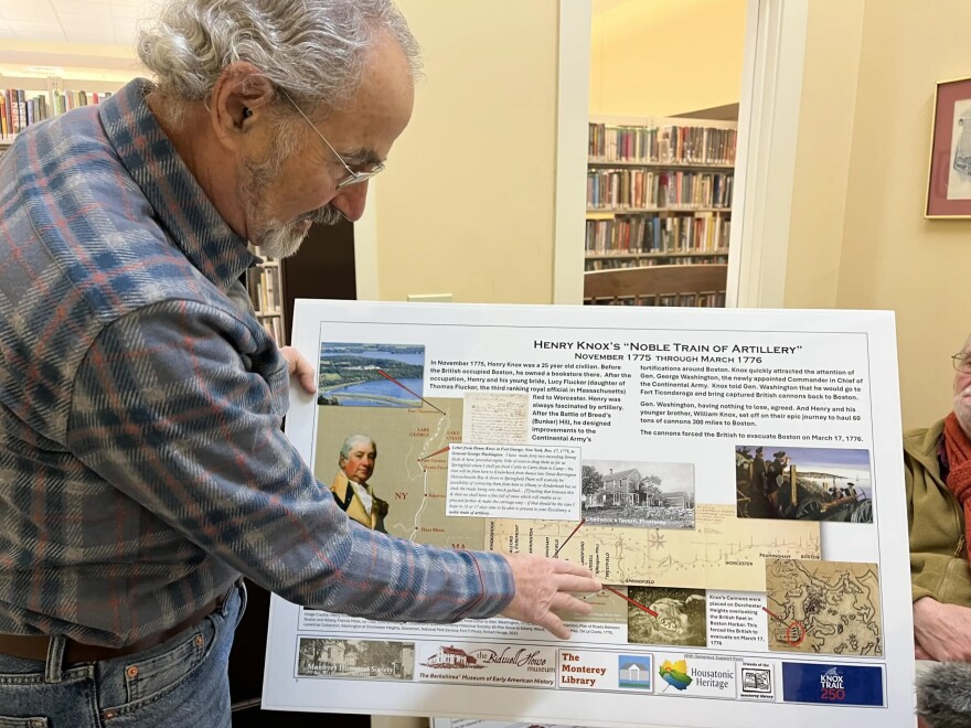 Rob Hoogs, a retired civil engineer, land surveyor and local historian, reviews a poster board outlining where Knox likely traveled.