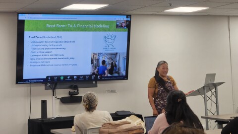 Reed Farm's Kat Chang addresses attendees of Berkshire Agricultural Ventures' “Local Meat Processing: Key Research and Future Directions” presentation in Pittsfield, Massachusetts, on October 6th, 2025.
