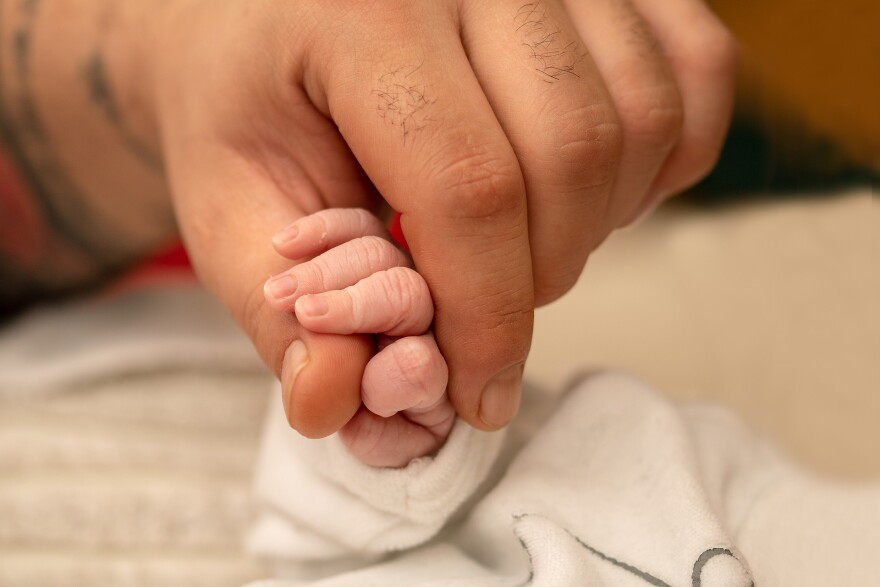 An adult hand holds a baby's hand.