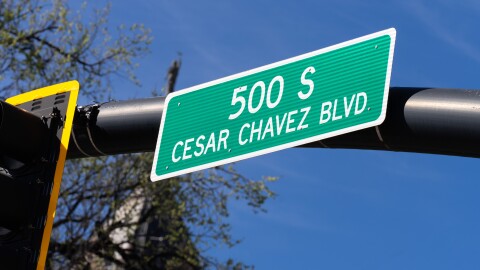 A street sign on 500 South in Salt Lake City that says “Cesar Chavez Blvd,” March 24, 2026.
