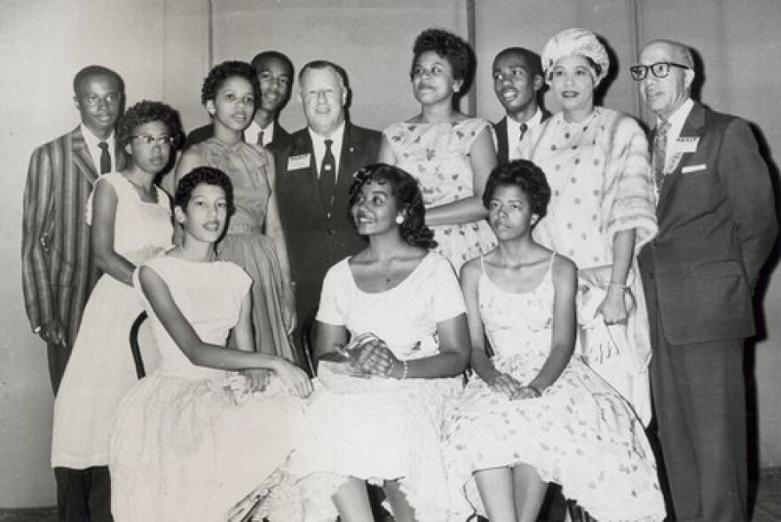 Daisy Bates and the Little Rock Nine with officers of the NAACP at their 49th annual convention. Mrs. Bates and the nine students received an award for their heroism during the school integration crisis in September, 1957.