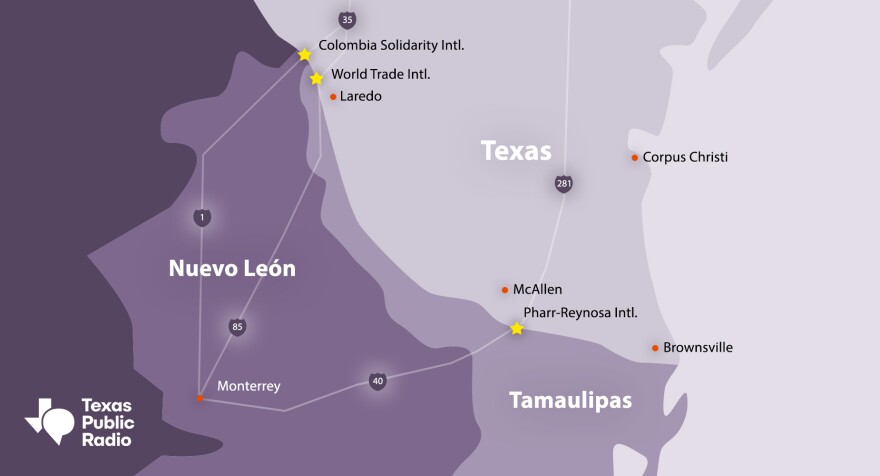 A map showing International land ports on the Texas-Mexico border.