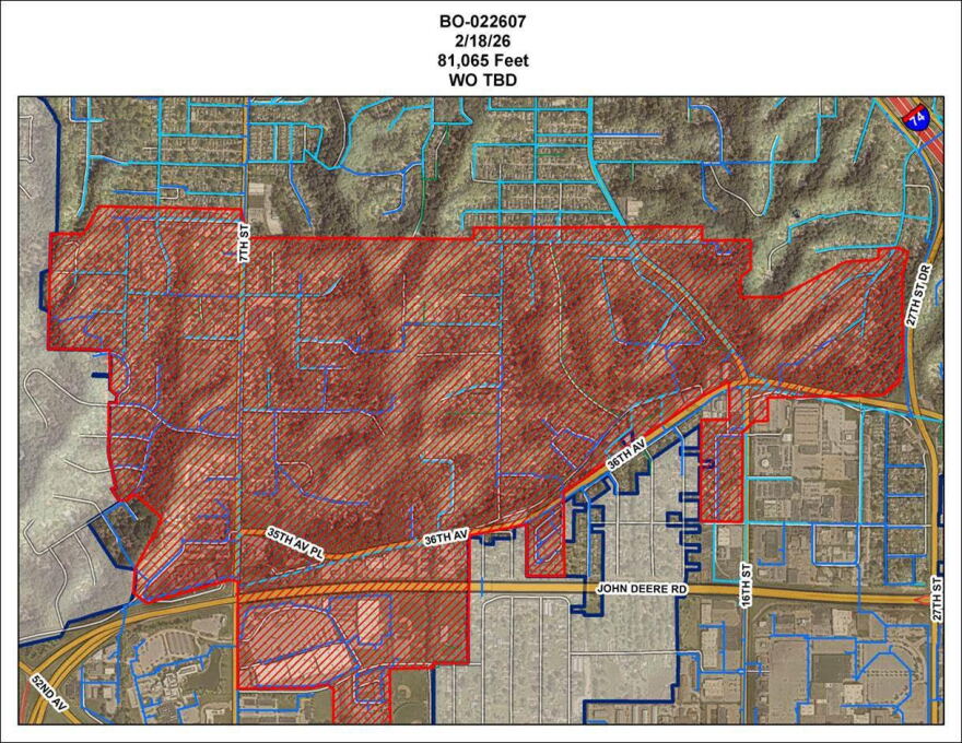 Residents should boil water for five minutes before usage. Residents on 30th Avenue and below to John Deere Road, including Target and Aldi stores, are affected.