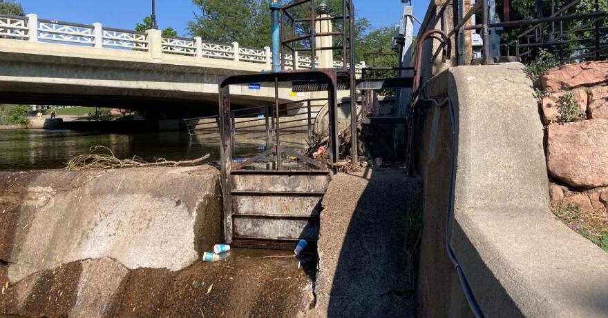 The headgate that diverts some of Boulder Creek after it flows under Broadway in downtown Boulder, Colorado.