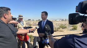 U.S. Transportation Secretary Pete Buttigieg speaks to the media during the Brightline West ground breaking ceremony in Las Vegas on Monday. Brightline is a private company that will operate the line, which will have trains traveling up to 200 miles per hour and will be the first high-speed rail system in the United States.