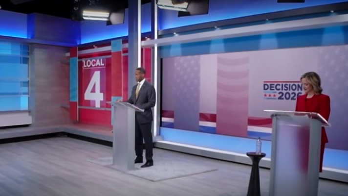Gubernatorial candidate Michigan Secretary of State Jocelyn Benson debates Republican Congressman John James in Detroit Thursday night