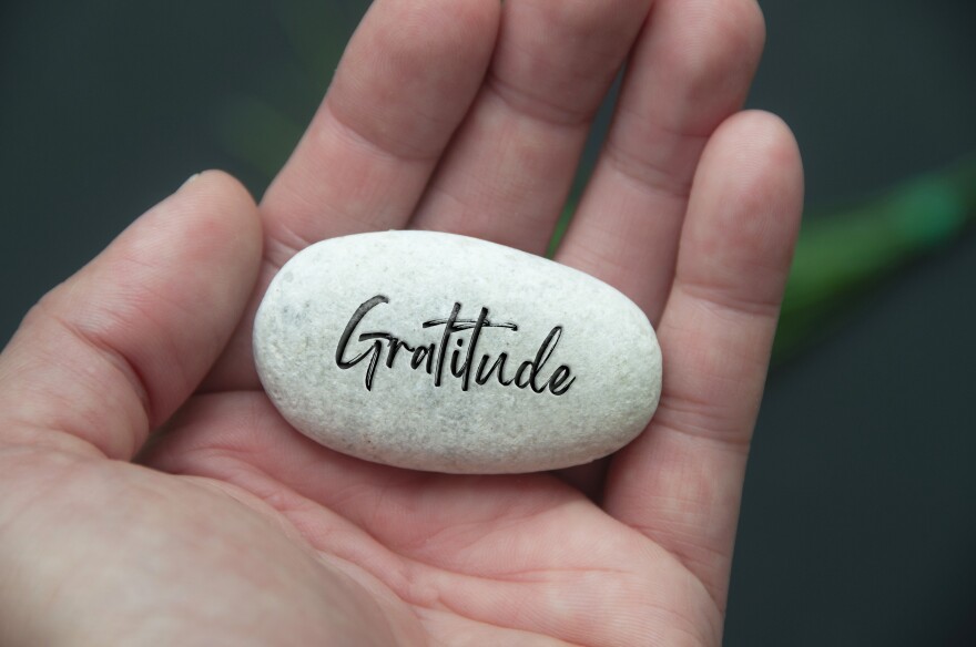 Hand holding Zen stone with Gratitude text engraved on the stone. Gratitude and peace concept.