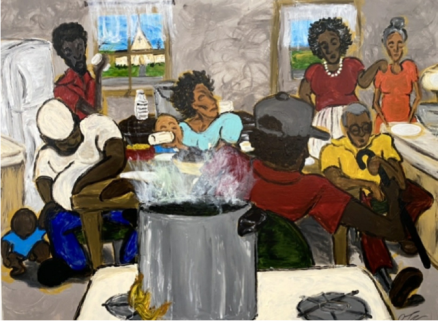 A family sits around a table as greens cook on a stove. Out the window of the kitchen a church can be seen.