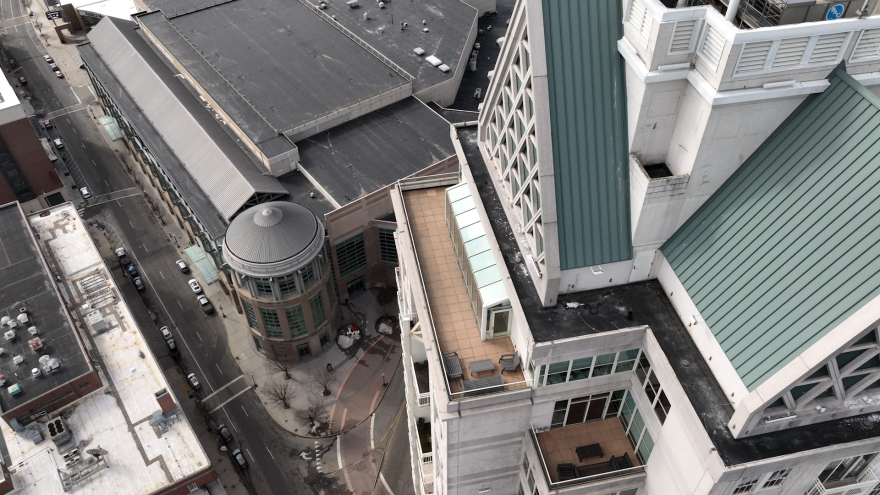 Aerial view of the convention center, which replaced the Bonanza Bus Station in the 1990s.