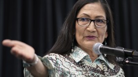 Interior Secretary Deb Haaland speaks at an event to celebrate the designation of the Avi Kwa Ame National Monument on April 14, 2023, in Las Vegas. The Interior Department announced a partnership with the National Endowment for the Humanities on Wednesday, April 26, 2023, to document the experiences of thousands of Native American, Alaska Native and Native Hawaiian students at federally funded schools across the country. (AP Photo/John Locher, File)