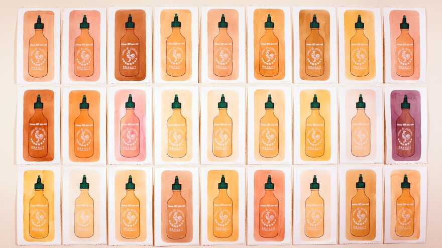 Ching Ching Cheng painted each panel of her screen-printed <em>Sriracha Hot Chili Sauces </em>with a layer of the sauce, which changes color over time as it dries and ages.