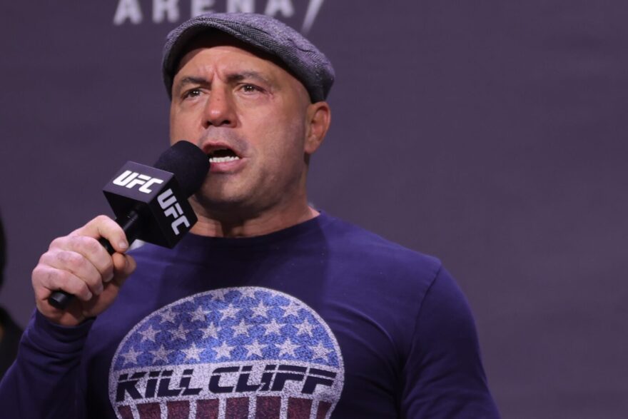 Joe Rogan introduces fighters during the UFC 269 ceremonial weigh-in  at MGM Grand Garden Arena in Las Vegas, Nevada.