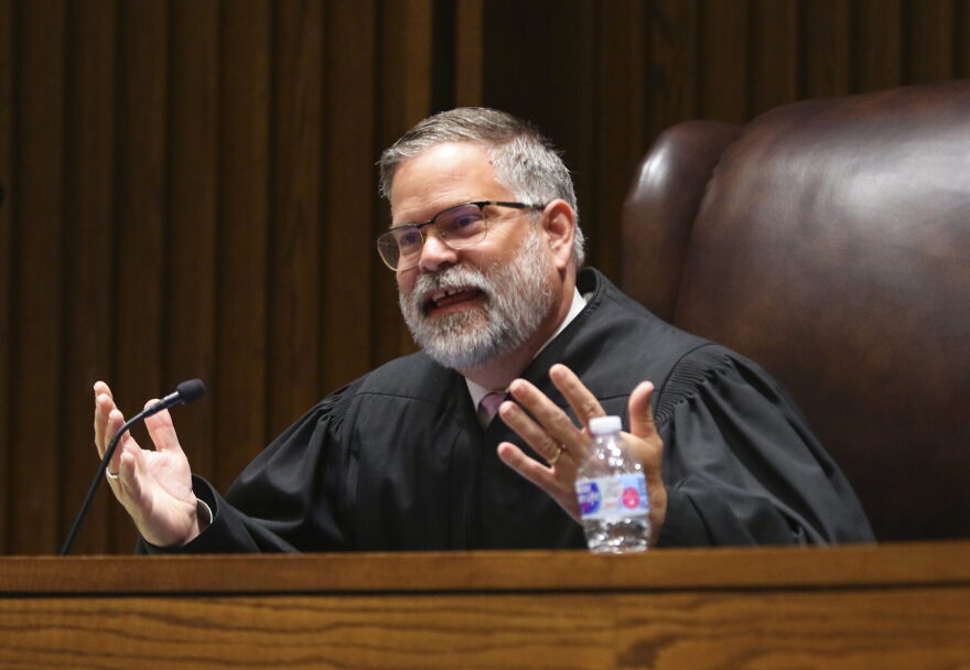 Kansas Supreme Court Justice Caleb Stegall, seen here in May 2022, shared skepticism of the latest round of appellate arguments offered by an attorney representing serial killer John Robinson, who was convicted in 2002 of killing three women in Kansas and sentenced to death in 2003. The latest line of appeal alleges inadequate defense of Robinson during his original trial.