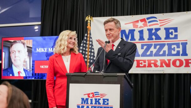 Mike Mazzei addresses his supporters on Tuesday, June 16, 2026, during Maze’s watch party in Bixby, Okla. Supporters gathered to watch results in the Republican primary election.