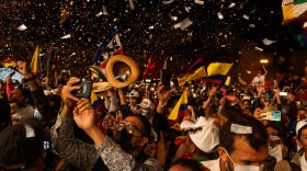 Attendees during a closing campaign rally for presidential candidate Gustavo Petro in Bogotá, Colombia. Petro is ahead in the polls for this Sunday's election, but it's expected to go to a second round in June.