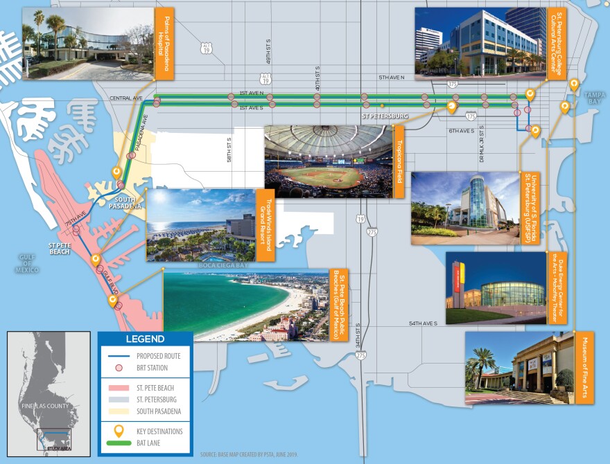 Map of PSTA's proposed bus rapid transit route.