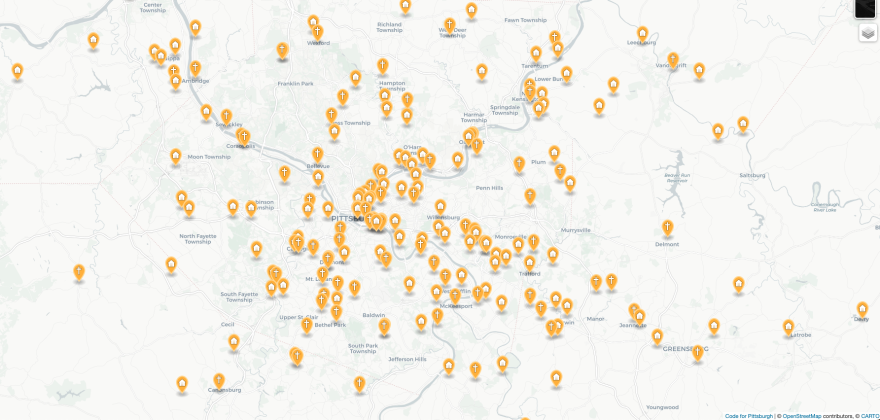 Screenshot from the Pittsburgh Lenten Fish Fry Map.