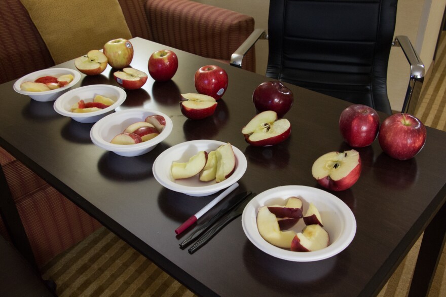 These apples put out for a taste test are Honeycrisp (from left), Jazz, Gala, Red Delicious and Cosmic Crisp.