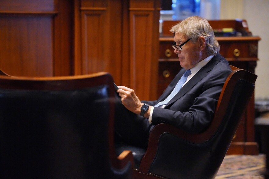 Senate Finance Committee Chairman Harvey Peeler, R-Cherokee, reads in the Senate chamber at the Statehouse on Feb. 17 , 2026.