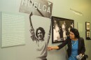 Dolores Huerta, co-founder of United Farms Workers looked at an iconic photograph of herself, as she toured her exhibition, "Viva la Causa! Dolores Huerta and the Struggle for Justice," at La Plaza de la Cultura y Artes museum downtown Los Angeles on Thursday, April 10, 2014.