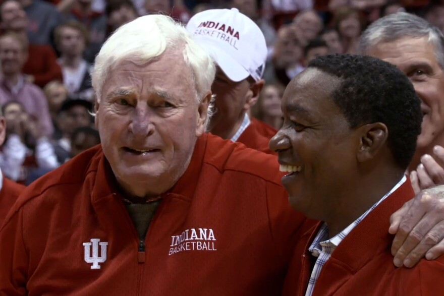 An emotional Bob Knight hugs Isiah Thomas on the court at halftime of a Feb. 8, 2020, game at Simon Skjodt Assembly Hall.