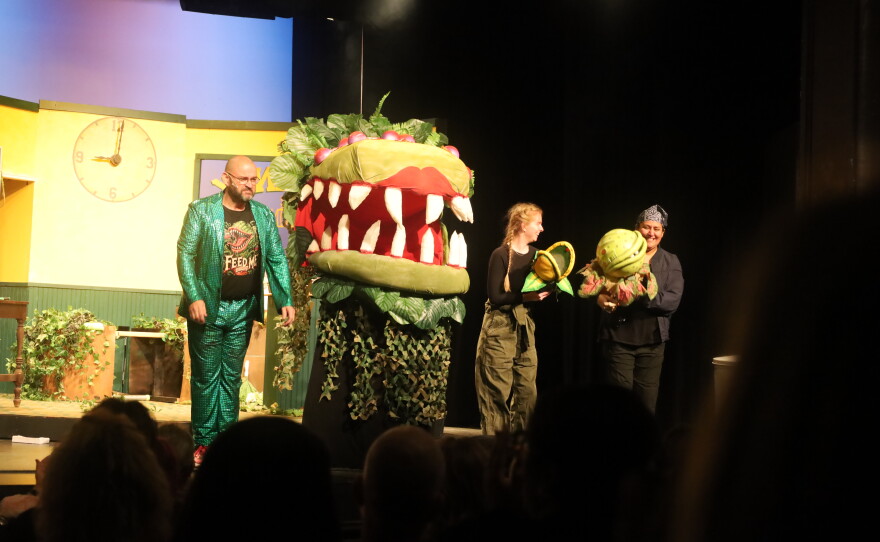The puppets, puppeteers and talent behind Audrey II in the Brownwood Lyric Theatre’s Little Shop of Horrors. David Nanny, Nate Andrews, Kelly Eddy, Cecilia Cardoza. Photo by Allison Diaz.