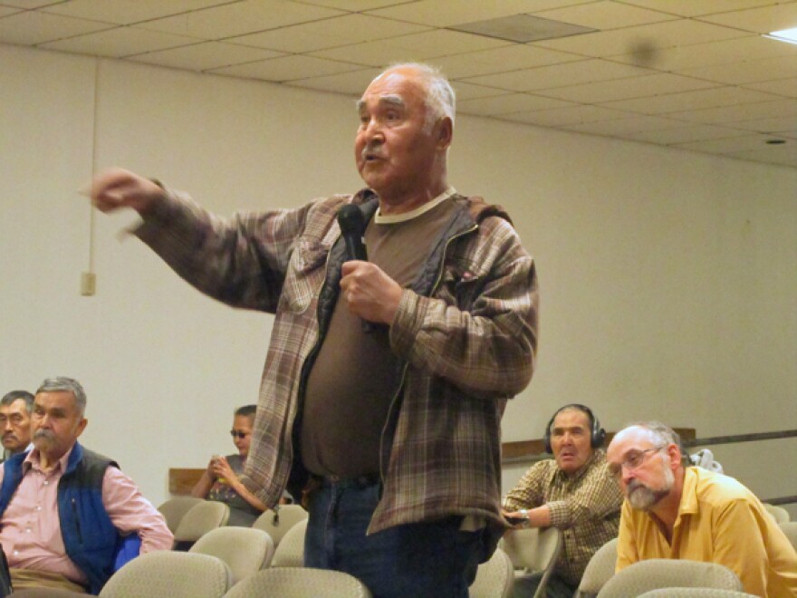 Phillip Peter of Akiachak speaks at a Yupiit Nation meeting. (Photo by Ben Matheson / KYUK)