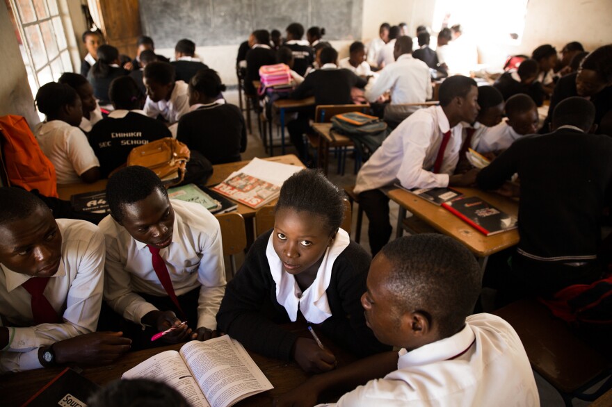 Madalitso Mulando studies at the Chinika Secondary School in Lusaka, Zambia. By fifth grade, the school dropout rate is three times higher for girls than for boys.