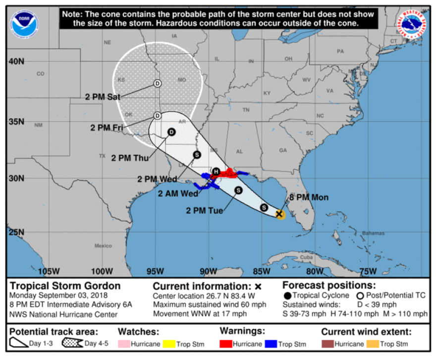 Tropical Storm Gordon's Projected Path