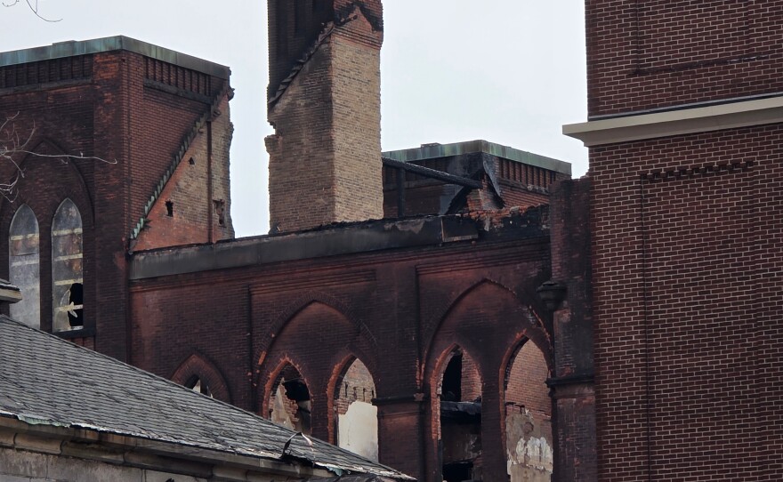 Damage and debris is seen outside the St. Ann's School, which sustained extensive fire damage on Jan. 16, 2026.