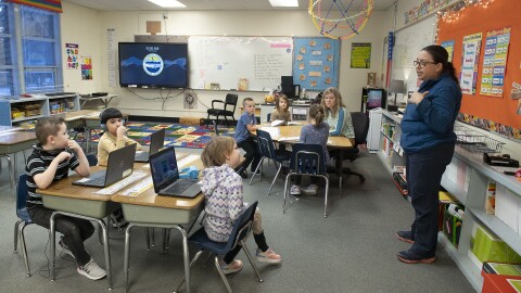 Sandra Barron, the sole teacher at Moose Pass School, instructs a class of students.