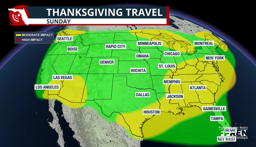 Sunday travel forecast map across country.