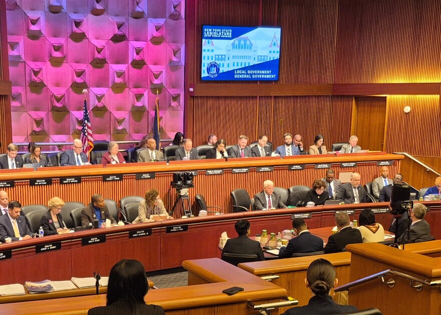 Testifying to state lawmakers on Wednesday, Feb. 11, 2026 about their need for additional state aid are (left to right, seated at the table) Syracuse Mayor Sharon Owens, Rochester Mayor Malik Evans, Yonkers Mayor Mike Spano, Albany Mayor Dorcey Applyrs, Buffalo Mayor Sean Ryan and Niagara Falls Mayor Robert Restaino.