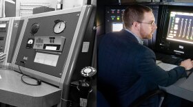 PUR-1 Operators: Analog controls (left) and upgraded digital instrumentation and control system (right).