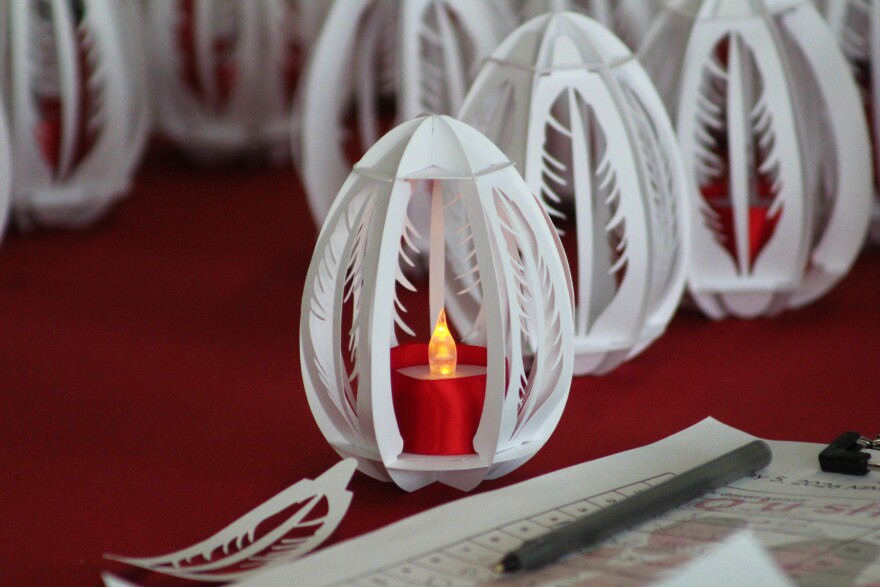 A paper lantern sits on a table inside the Dena'ina Wellness Center to observe Missing and Murdered Indigenous Peoples' Day on Tuesday, May 5, 2026 in Kenai, Alaska.